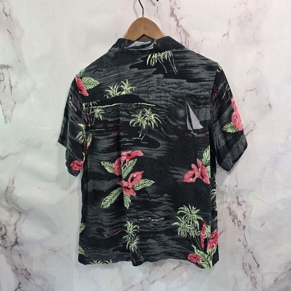 Vintage OP Shirt Mens Medium Black Green Button Up Short Hawaiian Leaf Tropical - Picture 5 of 10
